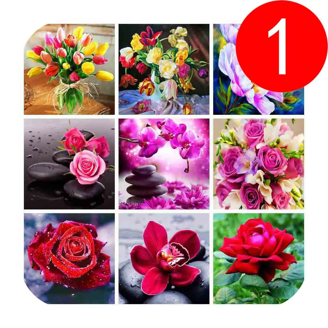 Assorted Flowers - Floral Diamond Painting, full round drill - 9 Designs