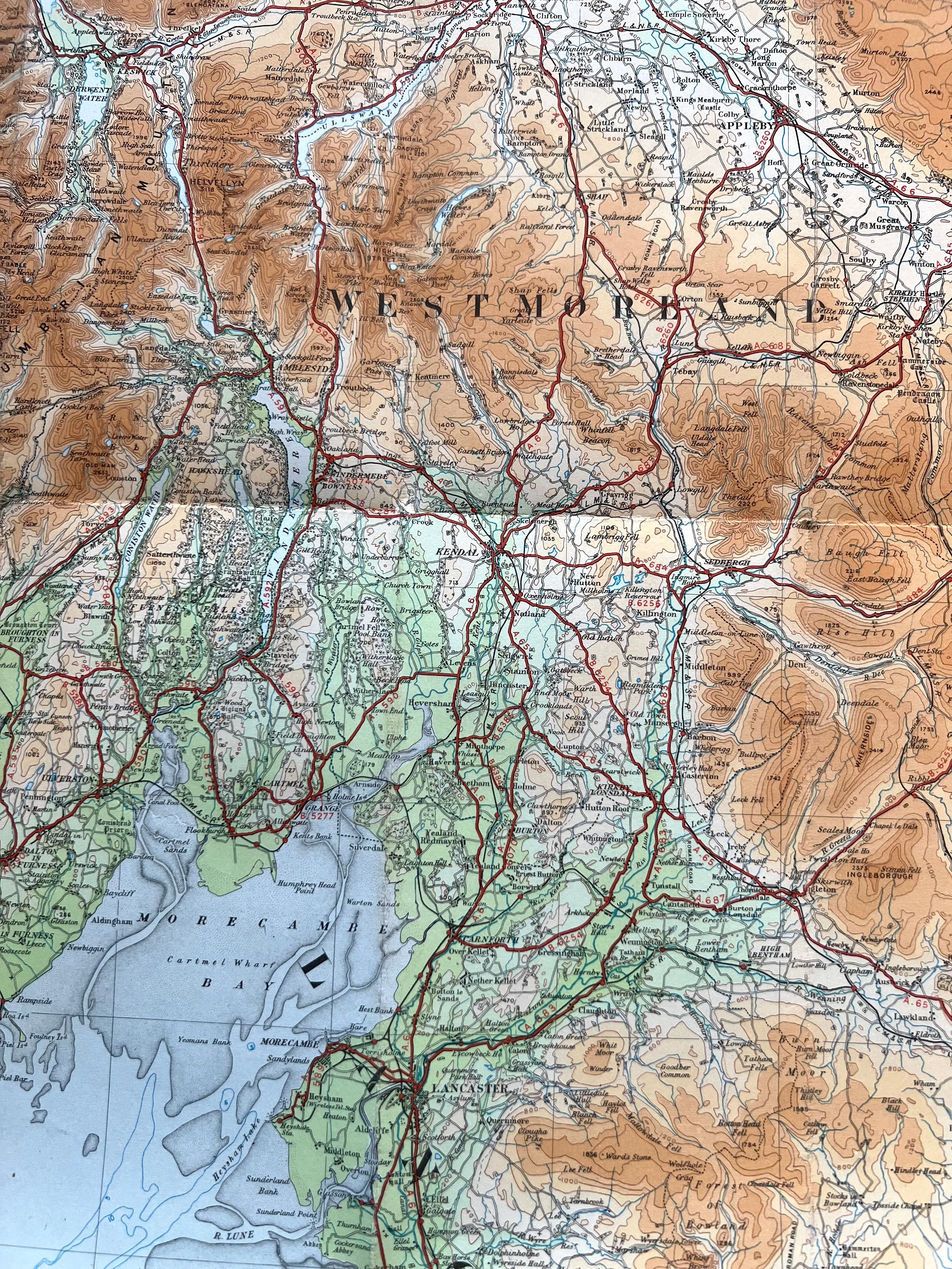 Detailed 1920s ORDNANCE SURVEY Contoured MAP of North Central England incl WESTMORELAND, NORTH YORKSHIRE, NORTH WEST LANCASHIRE