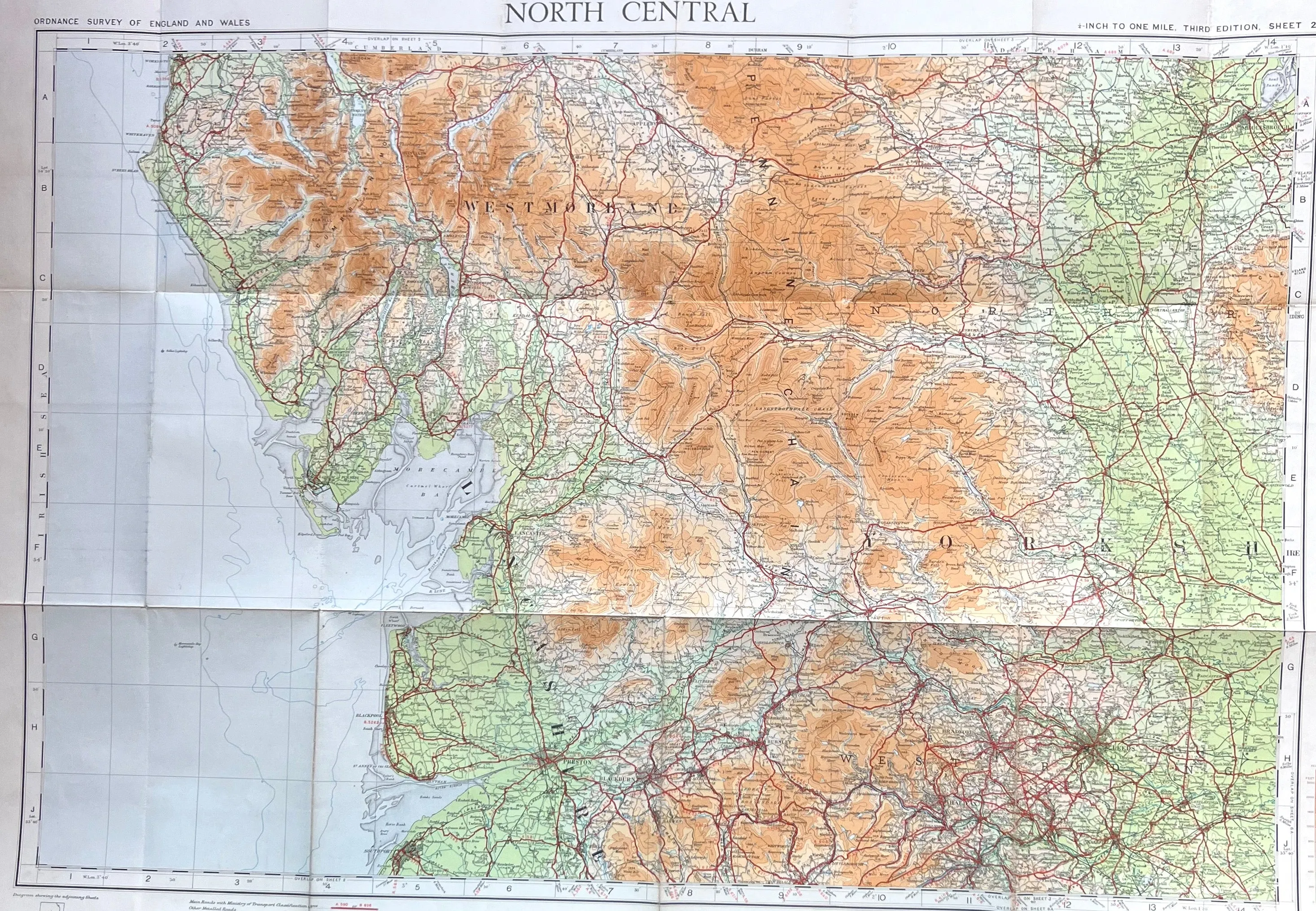 Detailed 1920s ORDNANCE SURVEY Contoured MAP of North Central England incl WESTMORELAND, NORTH YORKSHIRE, NORTH WEST LANCASHIRE