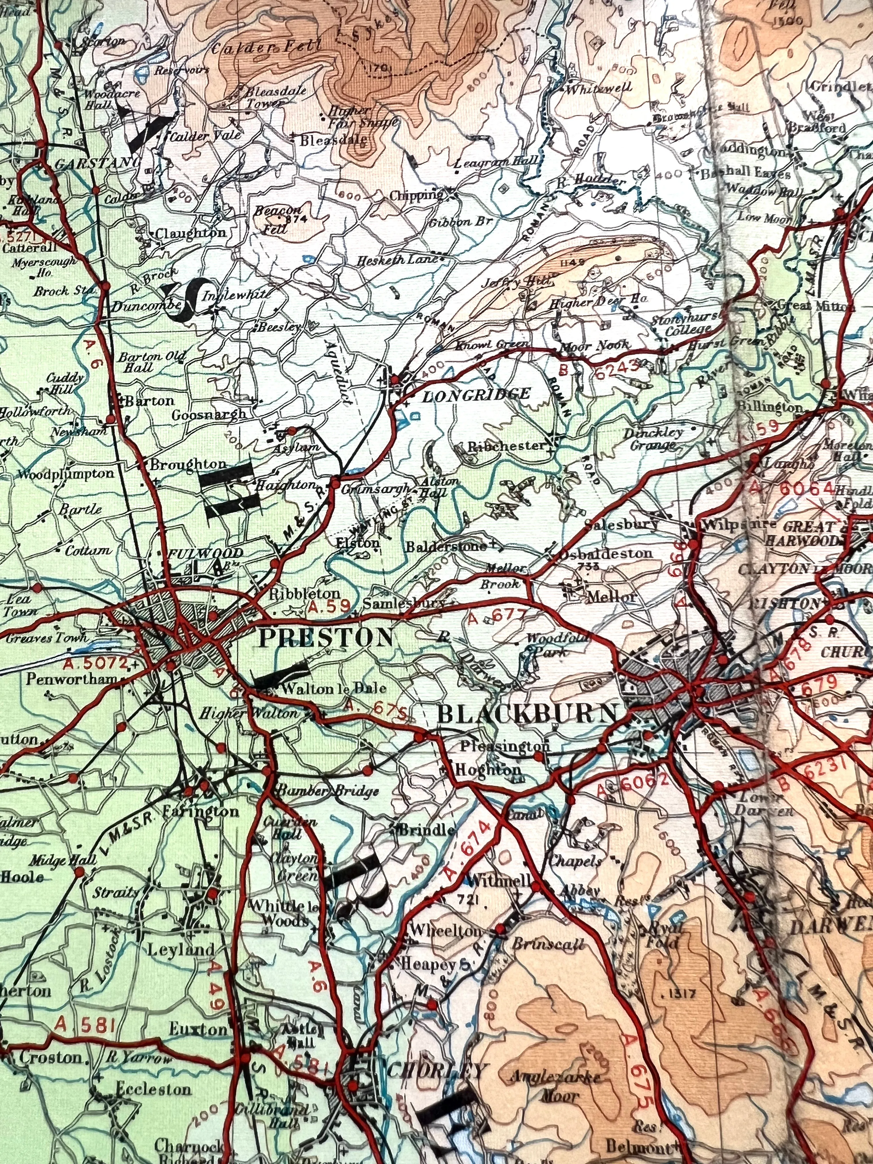 Detailed 1920s ORDNANCE SURVEY Contoured MAP of North Central England incl WESTMORELAND, NORTH YORKSHIRE, NORTH WEST LANCASHIRE