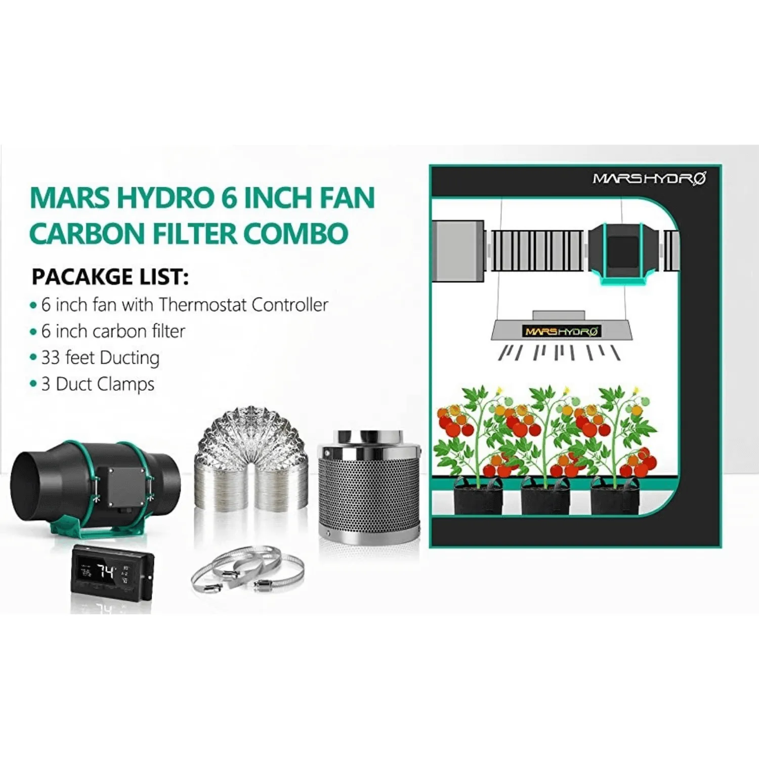 Mars Hydro 6" Inline Duct Fan and Carbon Filter Combo with Temperature and Humidity Controller