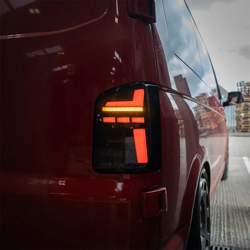 VW T6 – Rear Lights – Sequential Indicator – LED – Barn Door – Black Smoke (T6.1 Style)