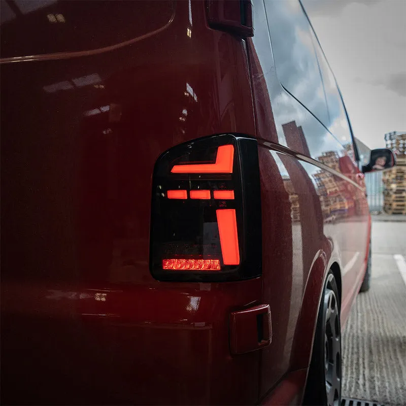 VW T6 – Rear Lights – Sequential Indicator – LED – Barn Door – Black Smoke (T6.1 Style)