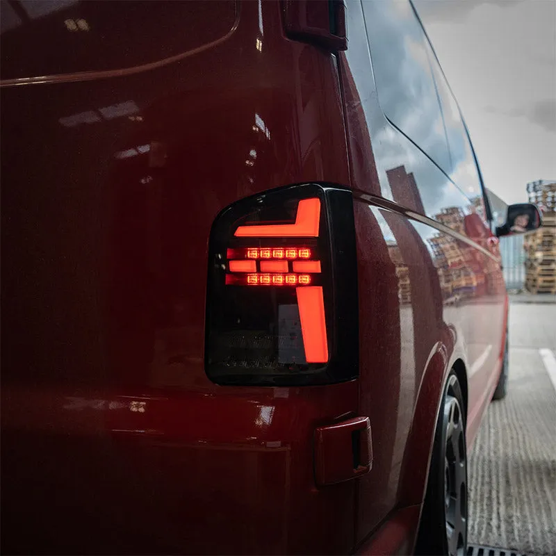 VW T6 – Rear Lights – Sequential Indicator – LED – Barn Door – Black Smoke (T6.1 Style)