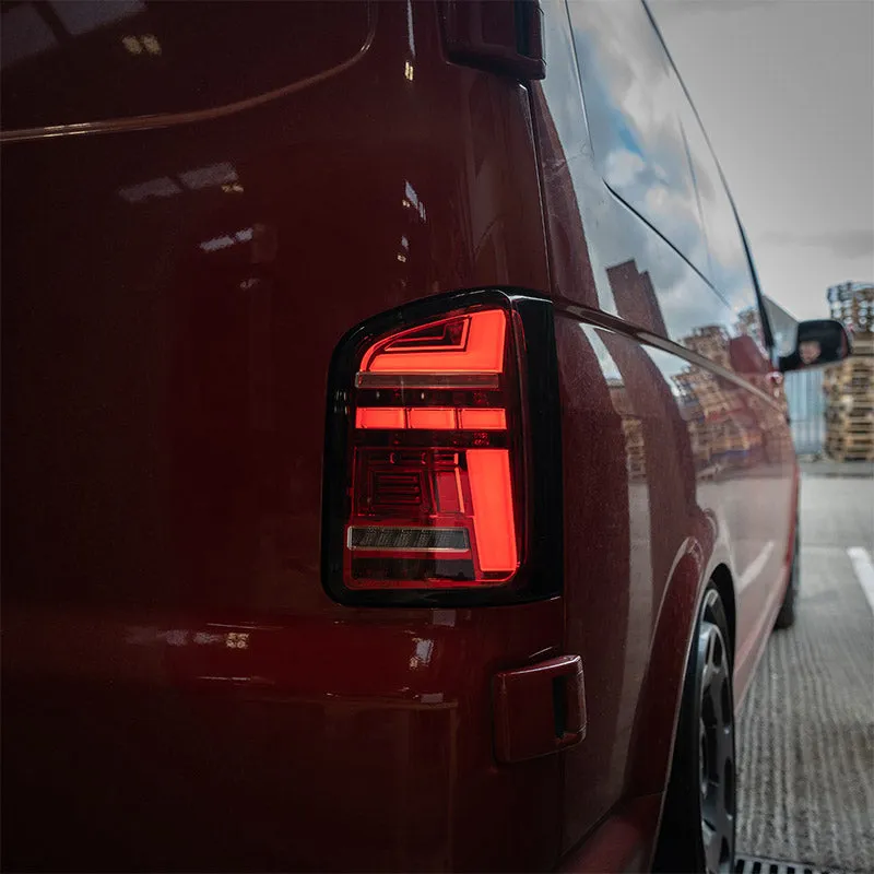 VW T6.1 – Rear Lights – Sequential Indicator – LED – RHD – Barn Door – Red Clear