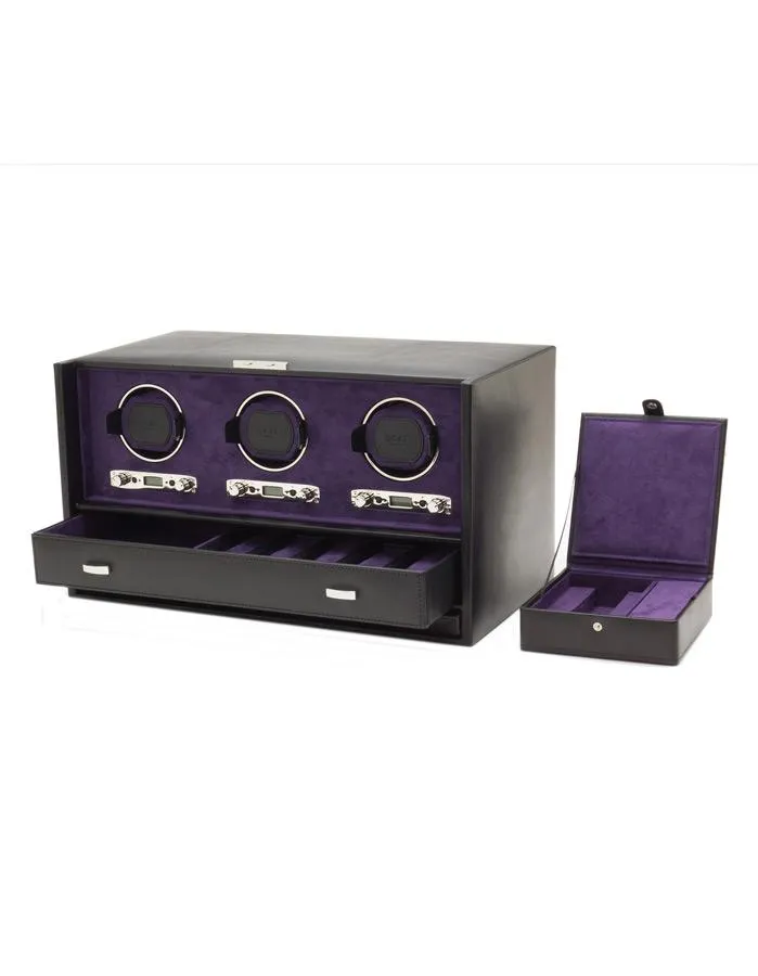 WOLF Blake Triple Winder with Storage & Travel Case - Black Pebble & Purple