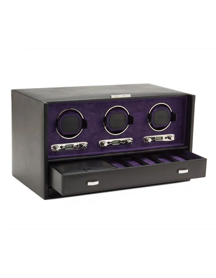 WOLF Blake Triple Winder with Storage & Travel Case - Black Pebble & Purple